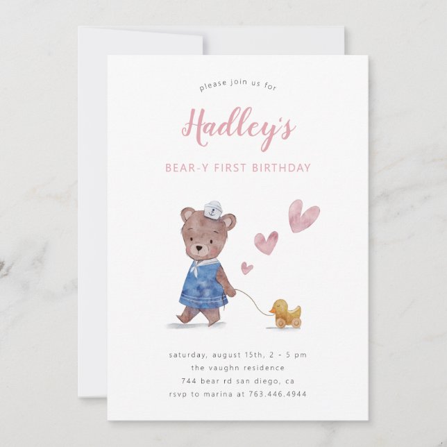 Invitation Beary First Teddy Bear Girl Birthday Party Invitat (Devant)