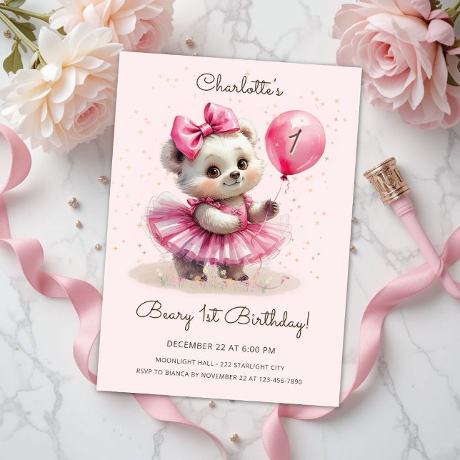Invitation Béary Premier anniversaire Ballerina Ours (Créateur téléchargé)