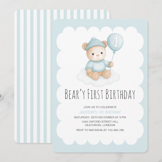 Invitation Béary Premier anniversaire Bleu Teddy Ours (Devant / Derrière)