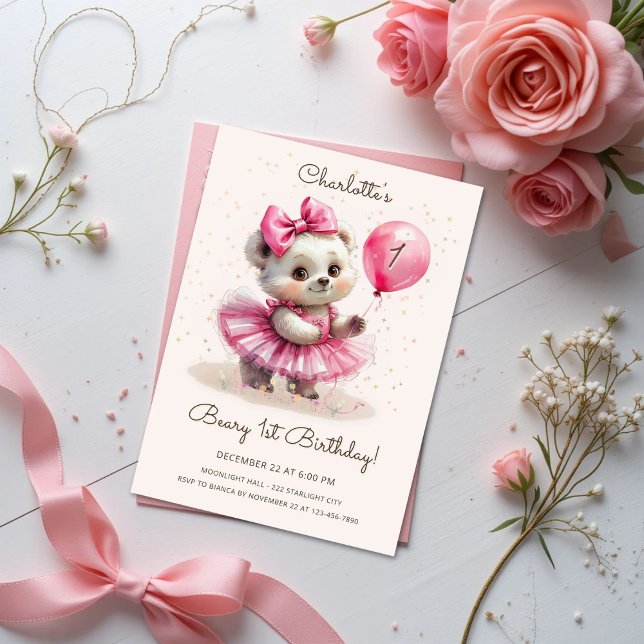 Invitation Beary Premier anniversaire Pink Ballerina Ours (Créateur téléchargé)