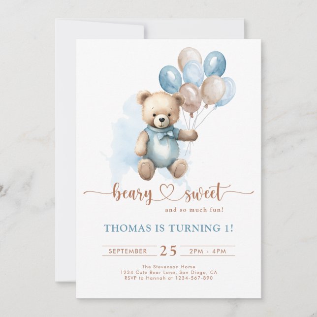 Invitation Beary Sweet Boy 1er Anniversaire Teddy Bear Bleu B (Devant)