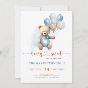 Invitation Beary Sweet Boy 1er Anniversaire Teddy Bear Bleu B