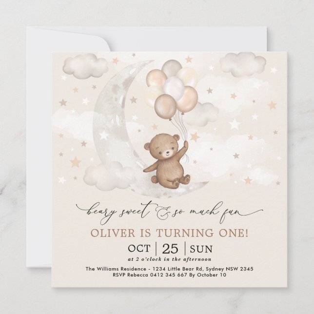 Invitation Beary Sweet Moon & Stars Teddy Bear 1er anniversai (Devant)