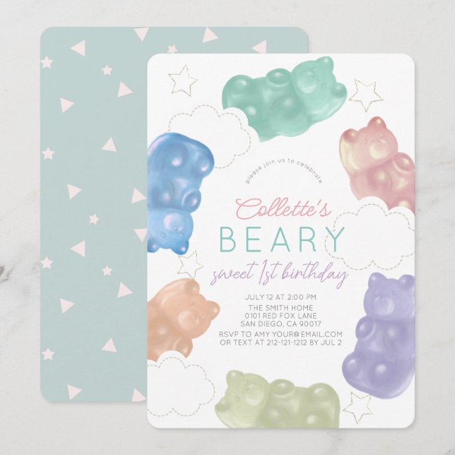 Invitation Beary Sweet Pastel Gummy Bear Girl 1er anniversair (Devant / Derrière)