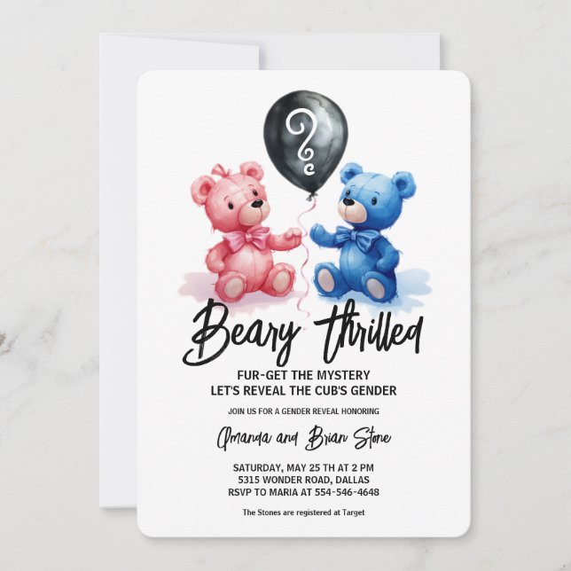 Invitation Beary Thrilled Bear Balloons Révélation de genre (Devant)