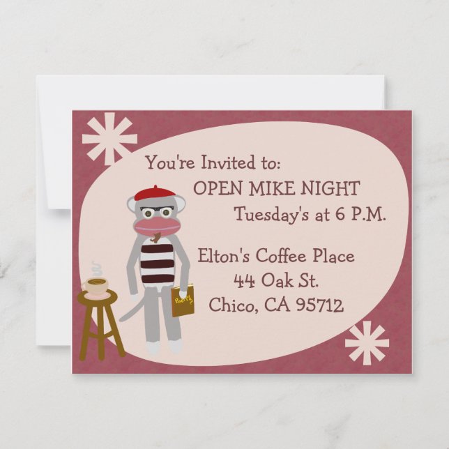 Invitation Beatnik Sock Monkey Fun Cinquante Poète Art (Devant)