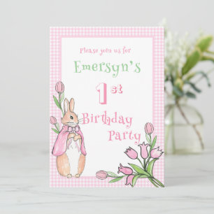 Invitation Béatrix Rose Cute Potter 1er fête d'anniversaire