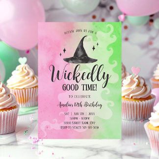 Invitation Beau Anniversaire, Casquette de sorcière rose vert