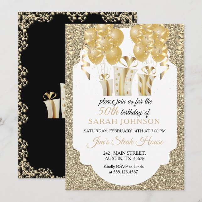 Invitation Beau anniversaire d'or et de noir (Devant / Derrière)