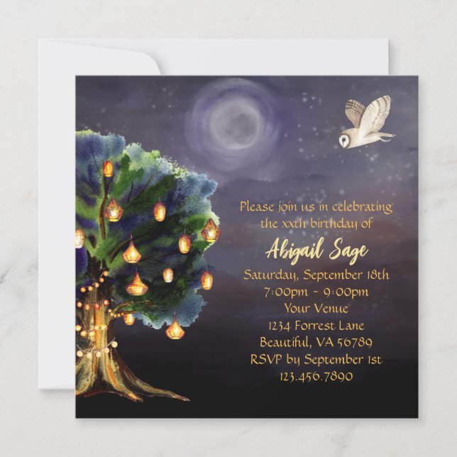 Invitation Beau arbre avec lanternes, Lune, Chouette Annivers (Devant)