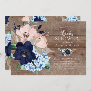 Invitation Beau Baby shower floral rustique et bleu marine