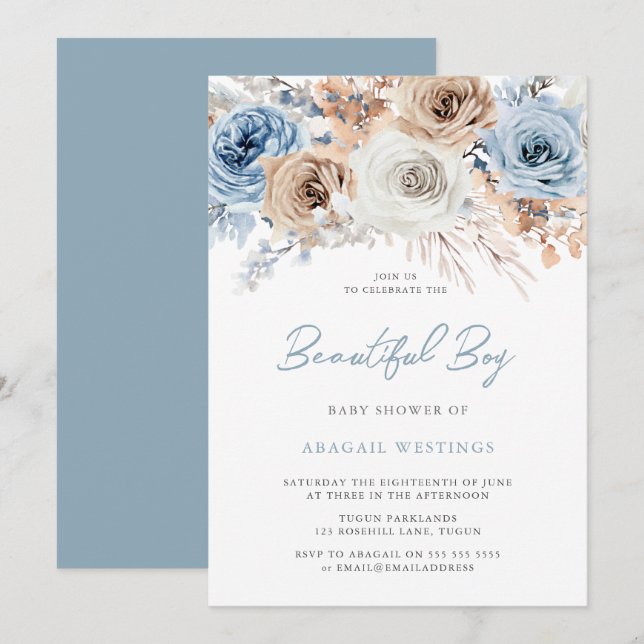 Invitation Beau Baby shower garçon : Boho Blue Floral (Devant / Derrière)