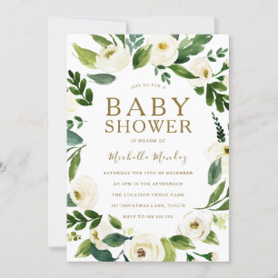 Invitation Beau Baby shower neutre en couronne de fleurs blan