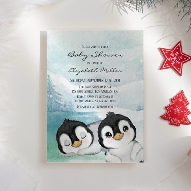Invitation Beau Baby shower Paysager De Neige Pingouins (Créateur téléchargé)