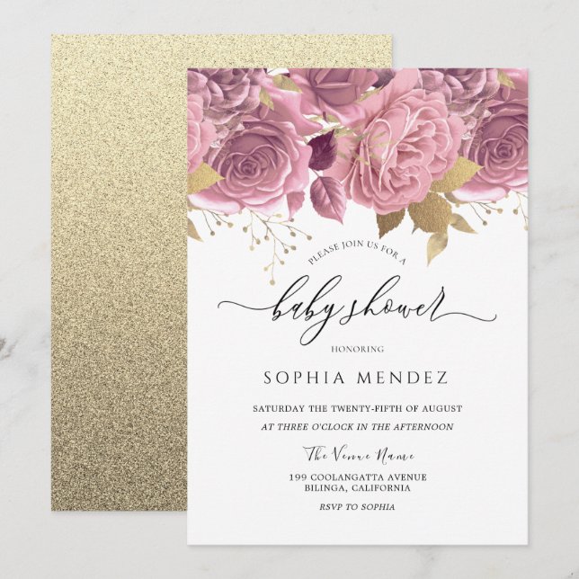 Invitation Beau Baby shower rose rose floral or rose (Devant / Derrière)