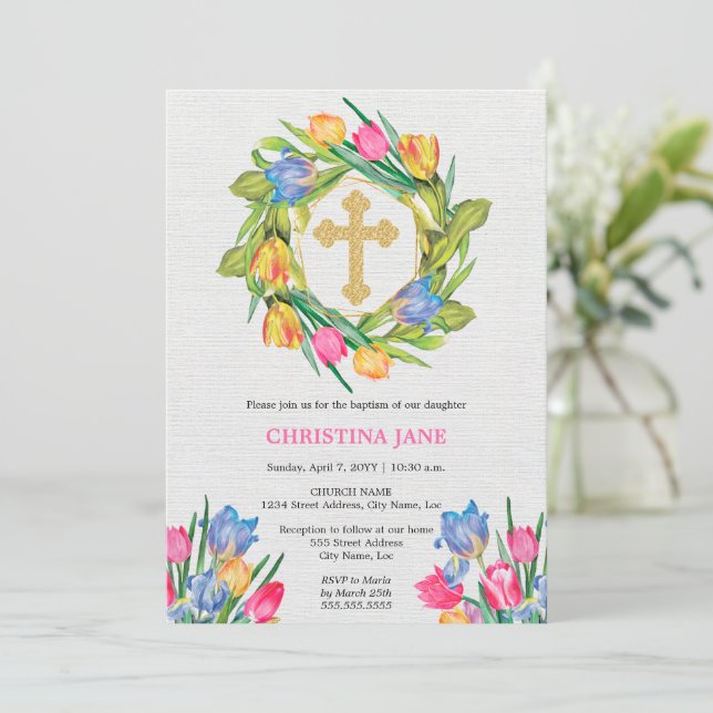 Invitation Beau Baptême Floral (Debout devant)