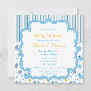 Invitation Beau bébé oiseaux et baby shower bleu fleur