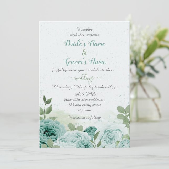 Invitation beau bleu fleurs vert feuille mariage (Debout devant)