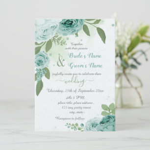 Invitation beau bleu fleurs vert feuille mariage
