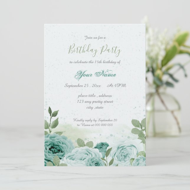 Invitation beau bleu fleurs vert feuilles anniversaire (Debout devant)