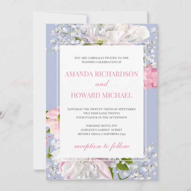 Invitation Beau bleu poussiéreux et rose vif mariage (Devant)