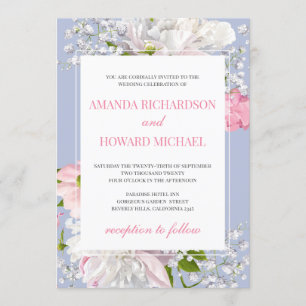 Invitation Beau bleu poussiéreux et rose vif mariage