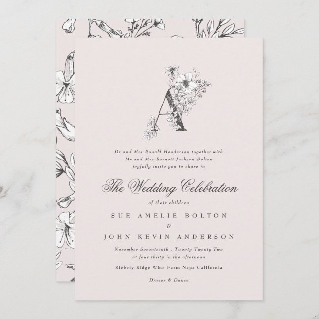 Invitation Beau Blush Floral 'A' Monogramme Sketched (Devant / Derrière)