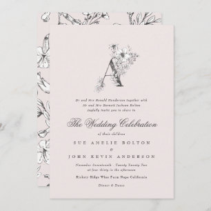 Invitation Beau Blush Floral 'A' Monogramme Sketched
