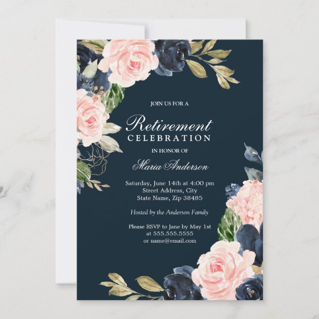 Invitation Beau Blush & Navy Elegant Retraite Party (Devant)