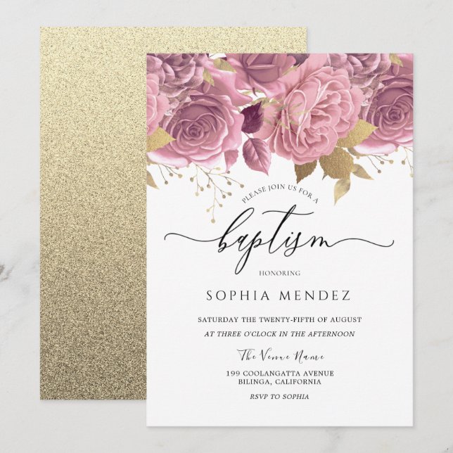 Invitation Beau Blush Rose Floral Gold Girls Baptême (Devant / Derrière)