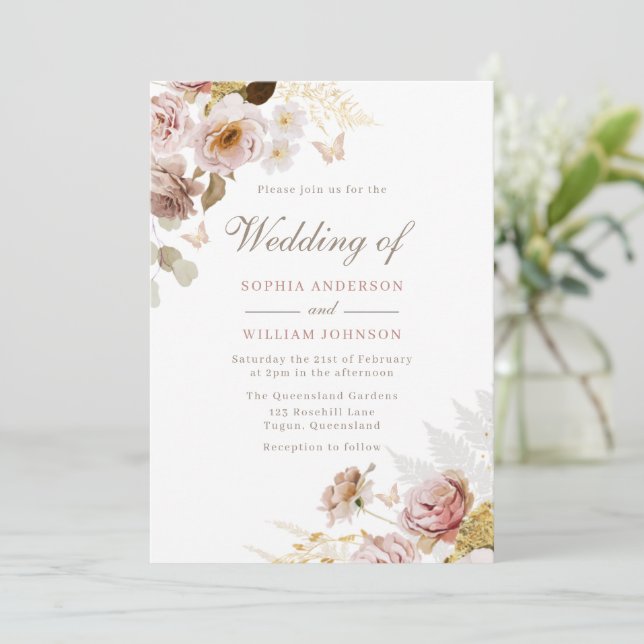 Invitation Beau Blush White Rose Flowers Mariage (Debout devant)