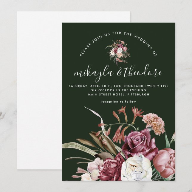 Invitation Beau Boho Floral Dark Green Mariage (Devant / Derrière)