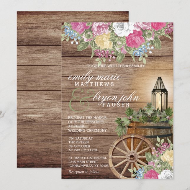 Invitation Beau bois Patiné avec fleurs colorées (Devant / Derrière)