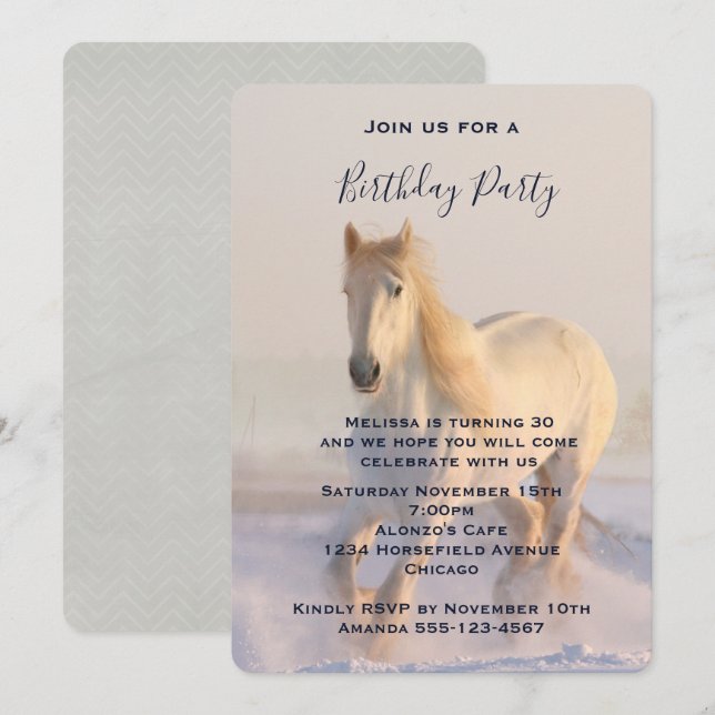 Invitation Beau Cheval Blanc courir dans la neige Anniversair (Devant / Derrière)