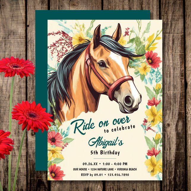 Invitation Beau cheval et fête d'anniversaire Fleur sauvage (Beautiful Horse and Wildflower Birthday Party Invitation)