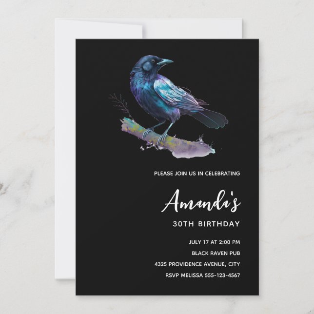 Invitation Beau Corbeau sur une branche d'arbre Anniversaire (Devant)