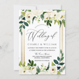 Invitation Beau Elégant Mariage Floral Blanc Or