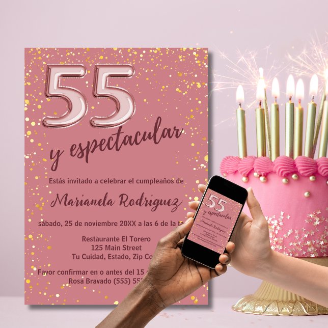 Invitation Beau Elégant Rose Gold 55e Anniversaire Espagnol (Créateur téléchargé)