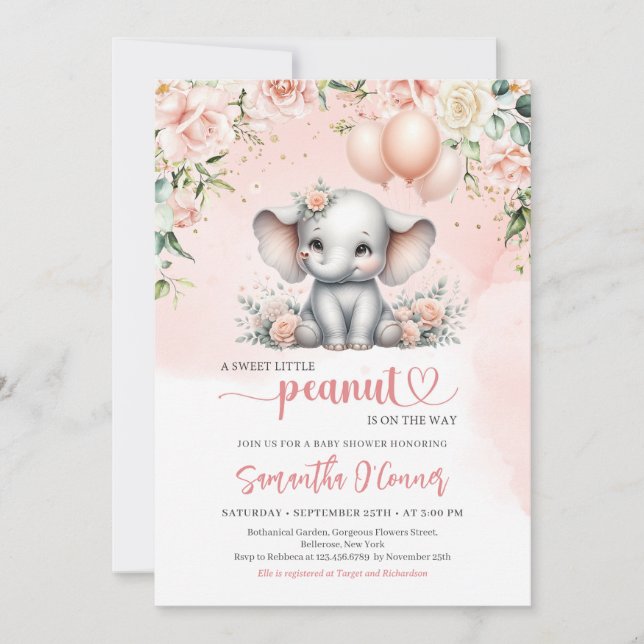 Invitation Beau éléphant avec ballons roses et fille de fleur (Devant)