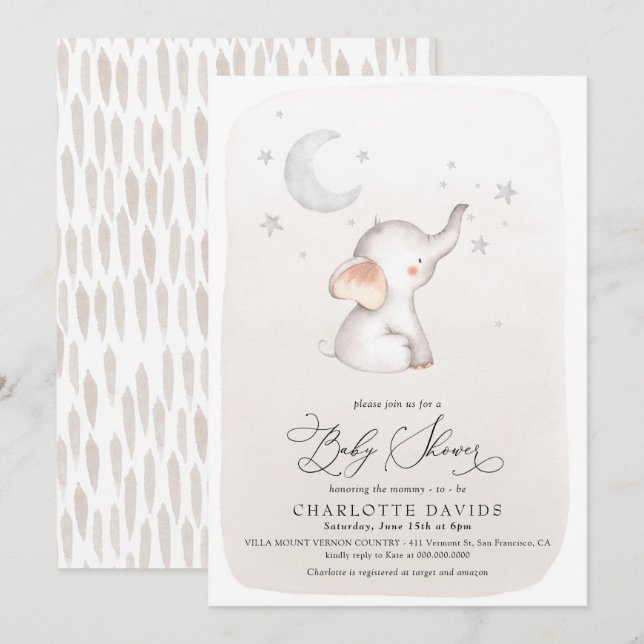 Invitation Beau éléphant Beige Sexe Baby shower neutre (Devant / Derrière)