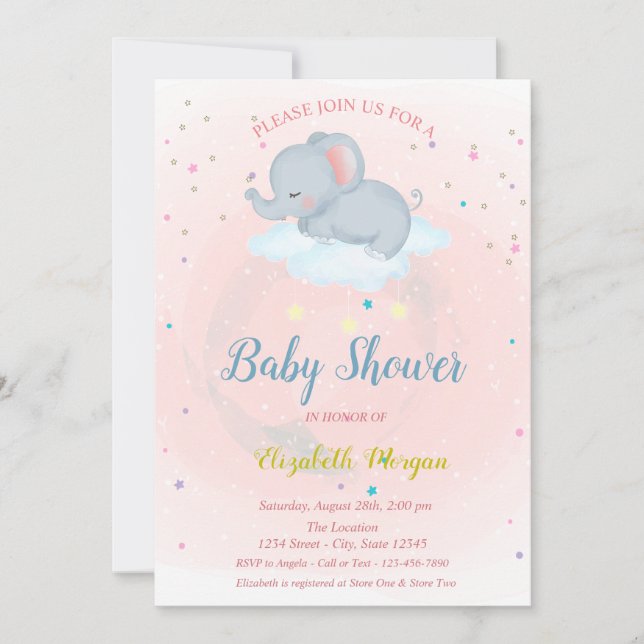 Invitation Beau éléphant, Nuage, Étoiles Baby shower Invitati (Devant)