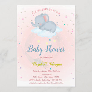 Invitation Beau éléphant, Nuage, Étoiles Baby shower Invitati