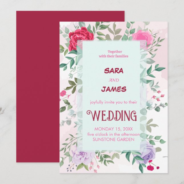 Invitation Beau Floral Et Élégant Mariage Rose Blush (Devant / Derrière)