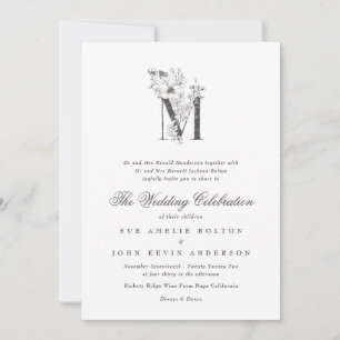 Invitation Beau Floral "M" Monogramme Mariage esquissé