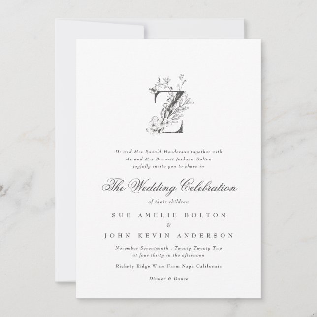 Invitation Beau Floral 'Z' Monogramme Mariage esquissé (Devant)