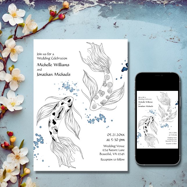 Invitation Beau japonais Koi Fish Mariage moderne (Printed and Digital - Beautiful Japanese Koi Fish Modern Wedding Invitation)