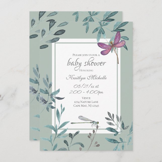 Invitation Beau Jardin de libellules Baby shower verdoyant (Devant / Derrière)