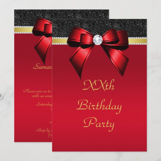 Invitation Beau Joyau rouge, or et noir Anniversaire (Devant / Derrière)