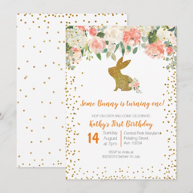 Invitation Beau lapin rose floral 1er anniversaire (Devant / Derrière)