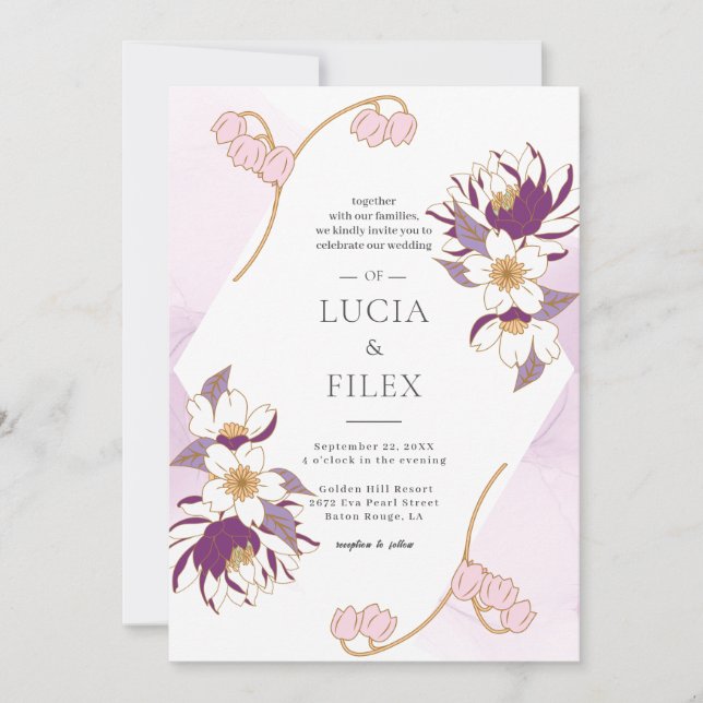Invitation Beau Lotus Pruple Classique & Mariage d'encre coul (Devant)